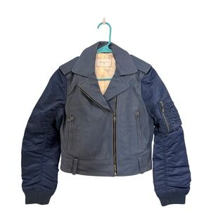 NWT Sandro Paris Brixton Full Grain Goat Leather Jacket Blue Women's Sz 1 Small